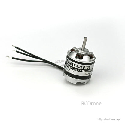 EMax Budget 2215/25 outrunner brushless motor with three lead wires, angled view
