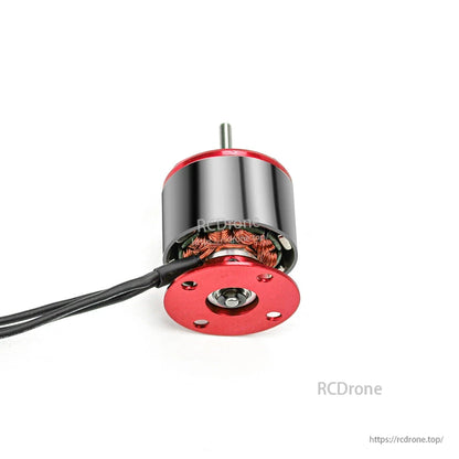 Rear view of brushless motor showing mounting plate holes and wire exit point