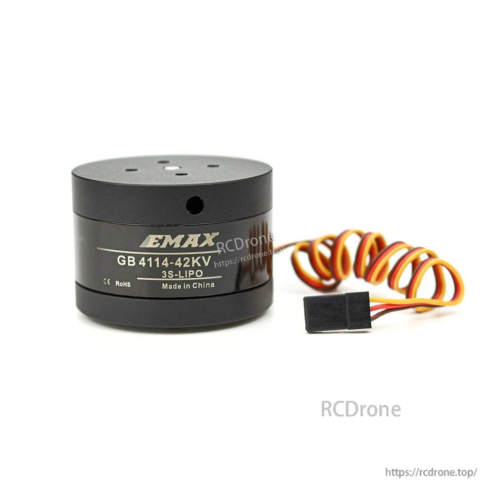 GB4114-42KV motor with coiled three-wire lead and black connector plug on white background