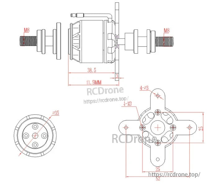GT2815 motor mechanical drawing with dimensions, 5mm shaft, M8 thread notes, and 4×φ3 mounting holes