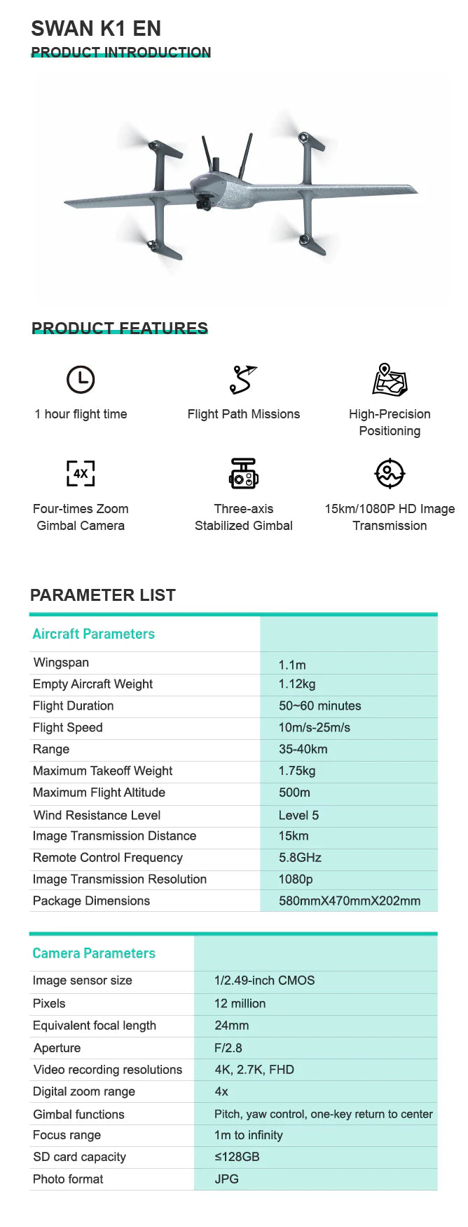 HEQ Swan-K1 EN Aircraft, Industrial UAV with G12 camera, high-precision positioning, and long flight time.