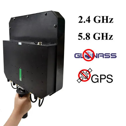 Sistema antidrones de mano de 24W - 250 metros 1,2G 1,6G 2,4G 5,8G Glonass GPS D4 Dispositivo portátil de señal de drones antidrones