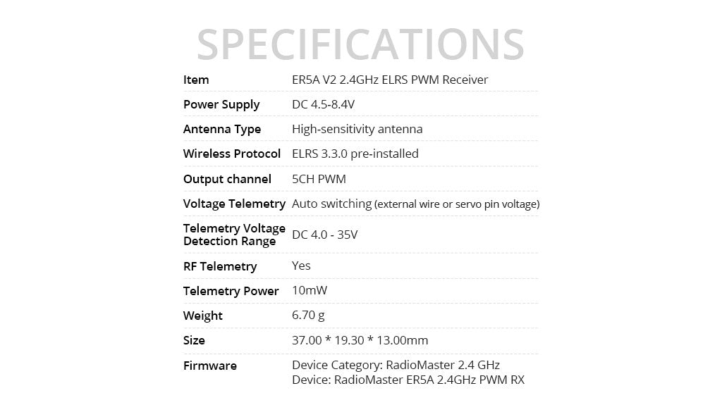 ER5A V2 2.4GHz ELRS PWM Receiver