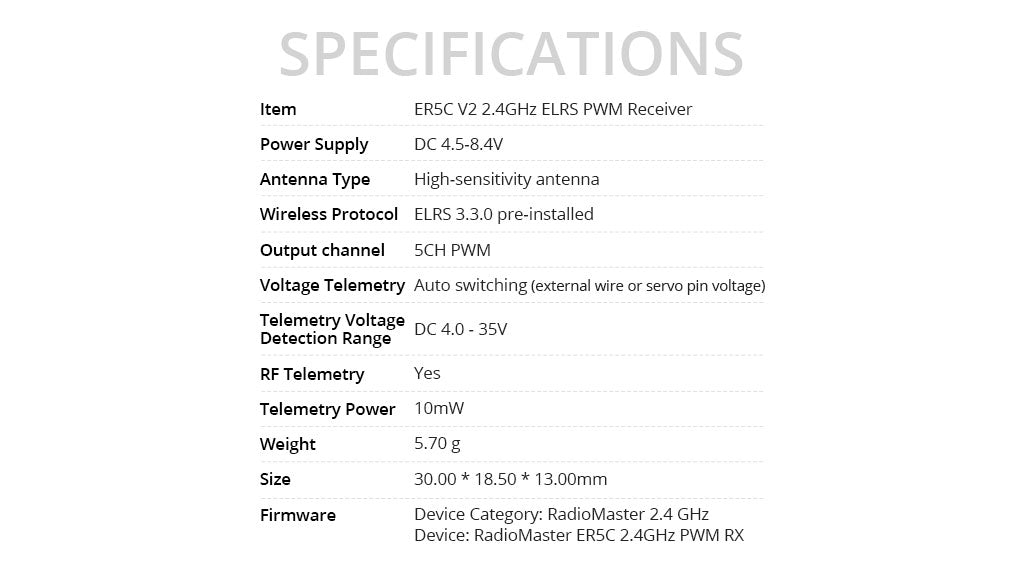RadioMaster ER5C V2 2.4GHz ELRS PWM Receiver - Drive Up to 5 Servos Designed For Surface, Marine R/C Applications 16 ER5C V2 2.4GHz ELRS PWM Receiver