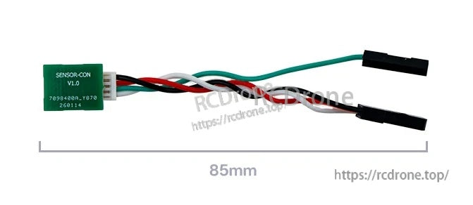 Close-up of SENSOR-CON V1.0 inline PCB with 85mm harness and dual signal leads (3-pin servo-style + 1-pin Dupont)