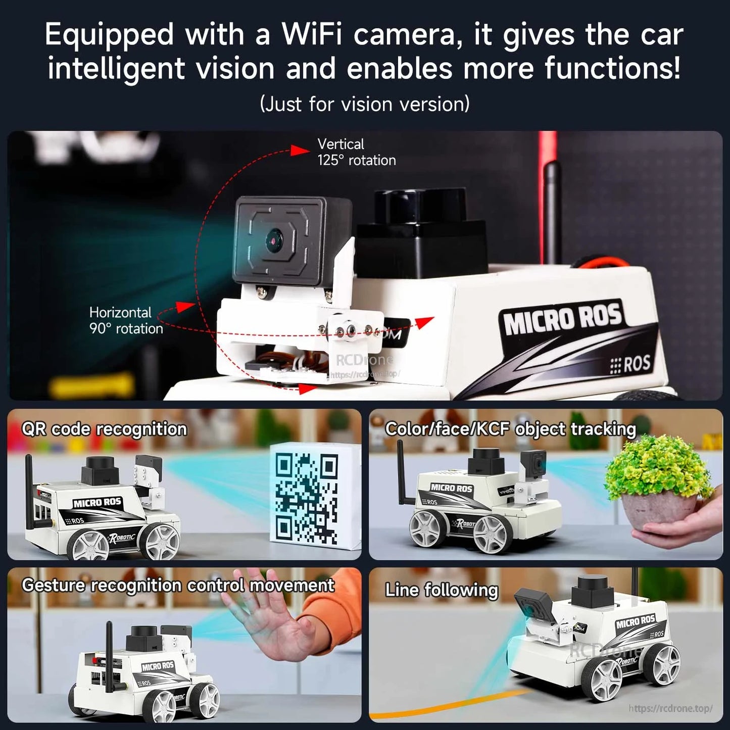 Vision version with WiFi camera PTZ module, showing QR recognition, tracking, line following