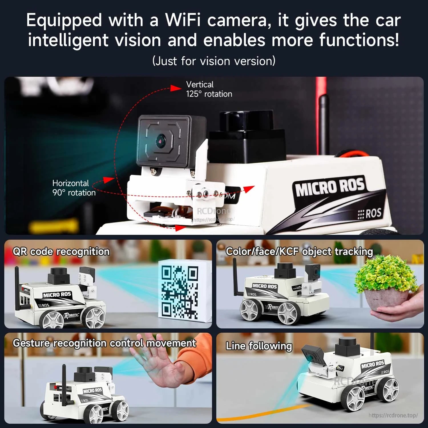 Vision version with WiFi camera PTZ module, showing QR recognition, tracking, line following