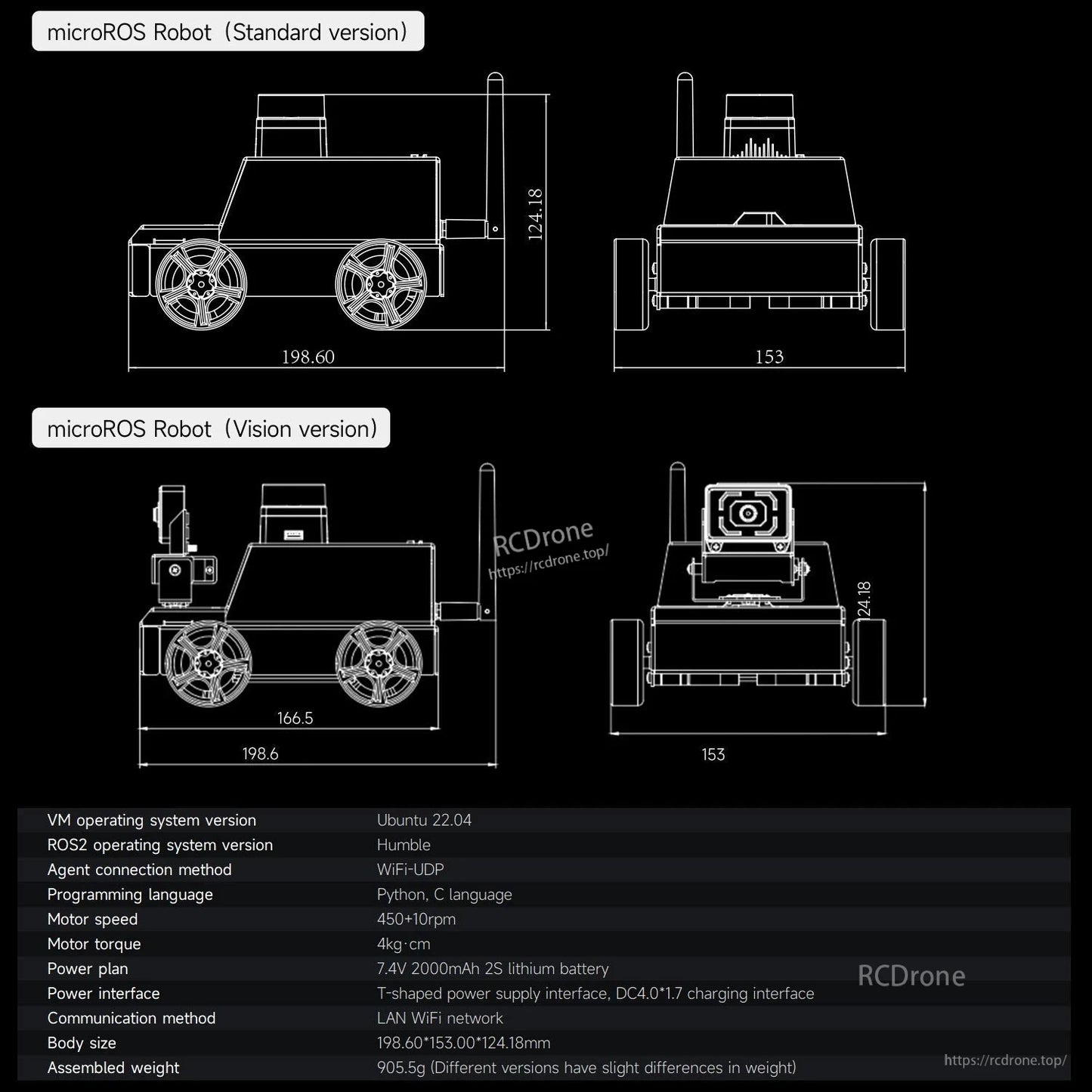 MicroROS Robot dimension drawings and spec table, standard vs vision version layout