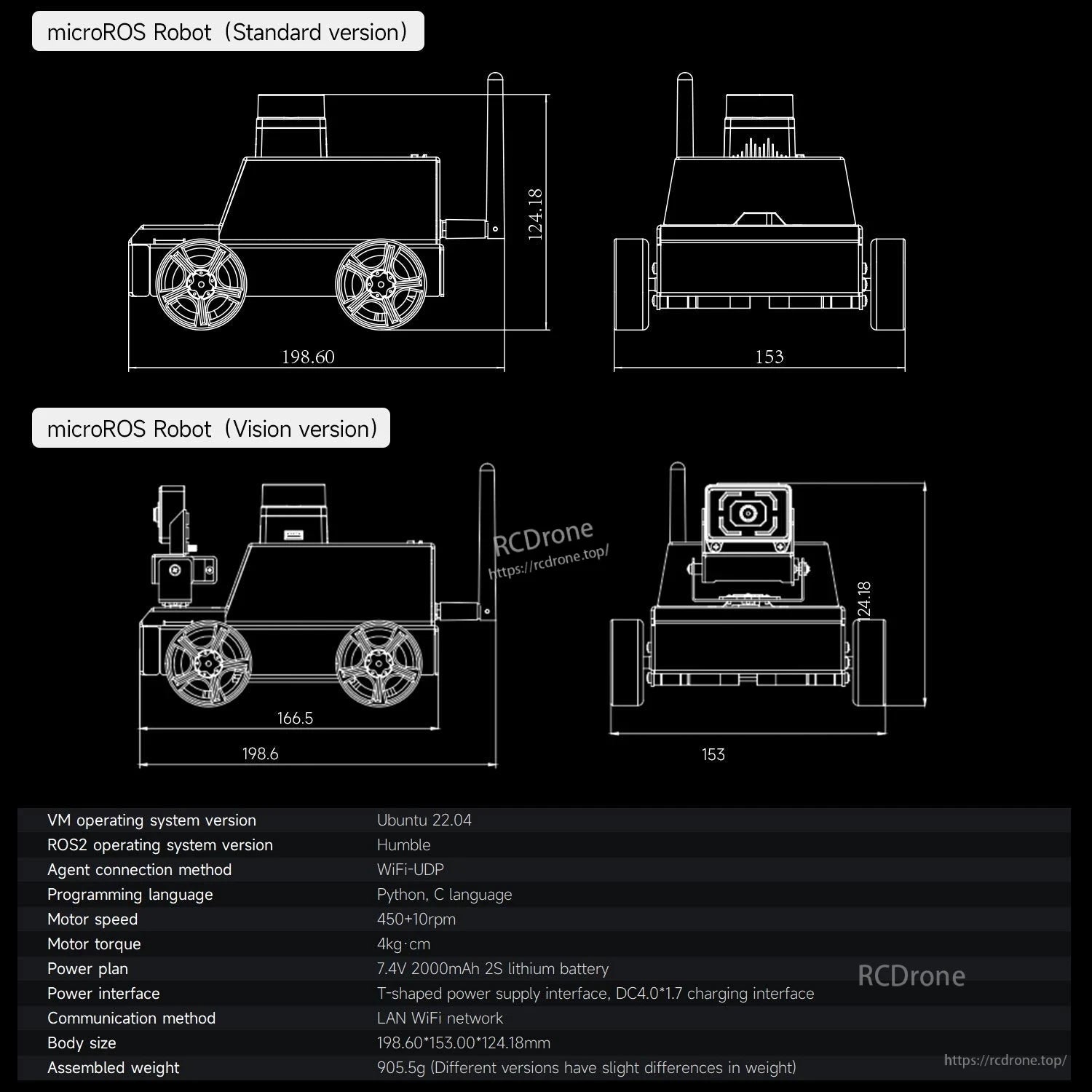 MicroROS Robot dimension drawings and spec table, standard vs vision version layout