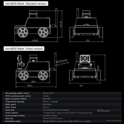 MicroROS Robot dimension drawings and spec table, standard vs vision version layout