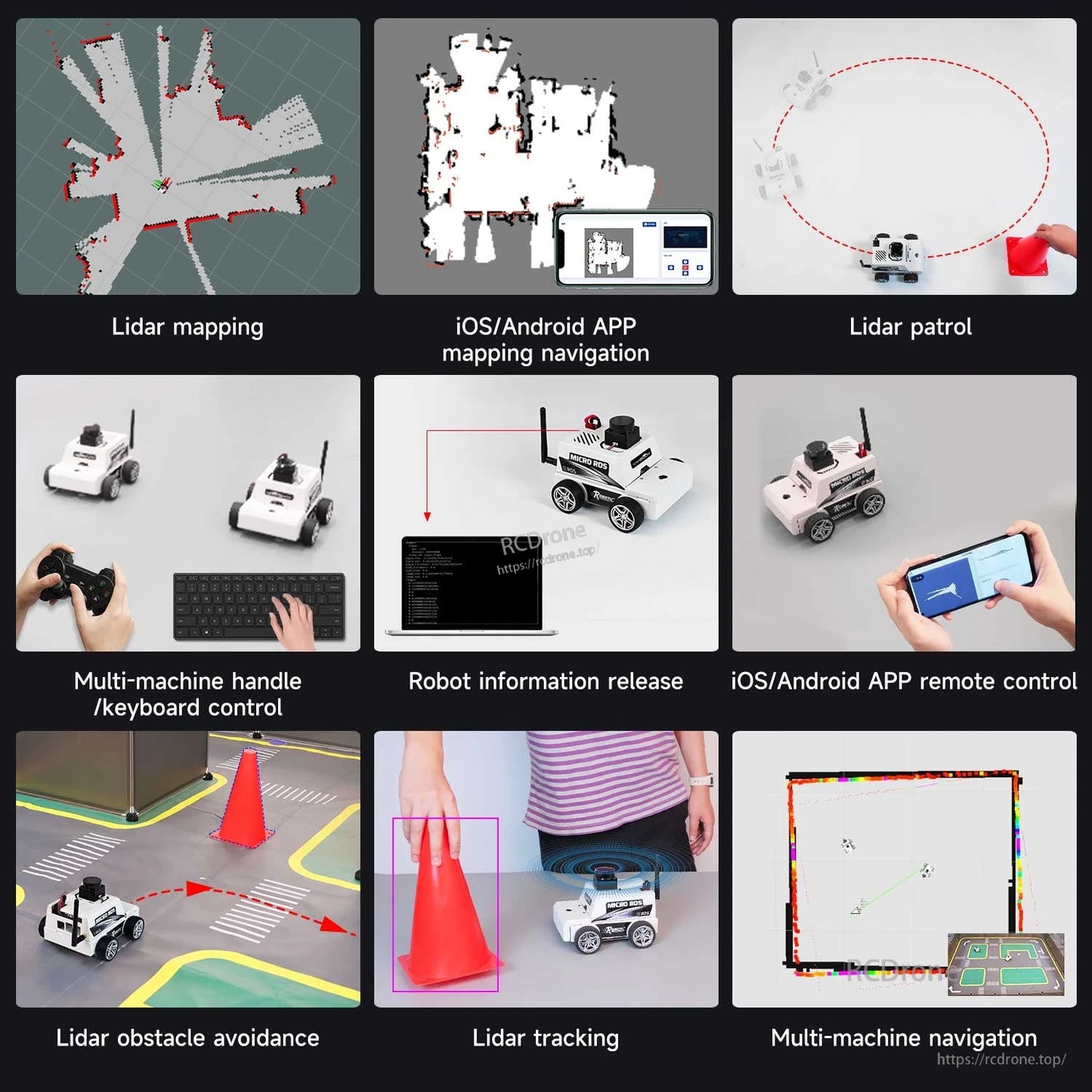 MicroROS robot feature collage showing lidar mapping, obstacle avoidance, app remote control