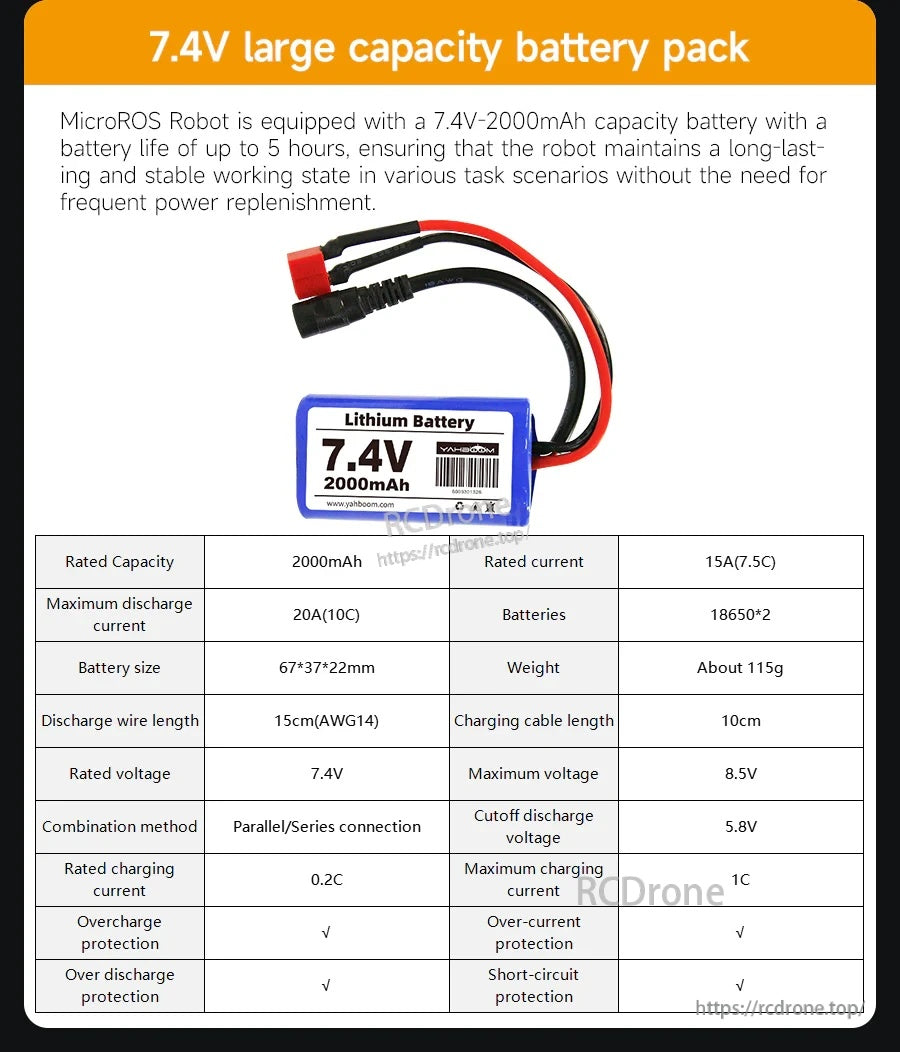 7.4V 2000mAh lithium battery pack specifications for powering the robot car chassis
