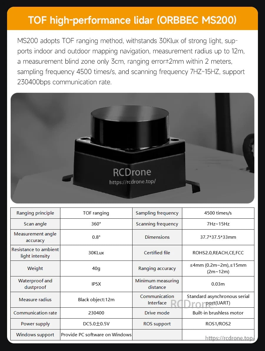 ORBBEC MS200 TOF lidar module specs panel for indoor/outdoor mapping and navigation on the robot car