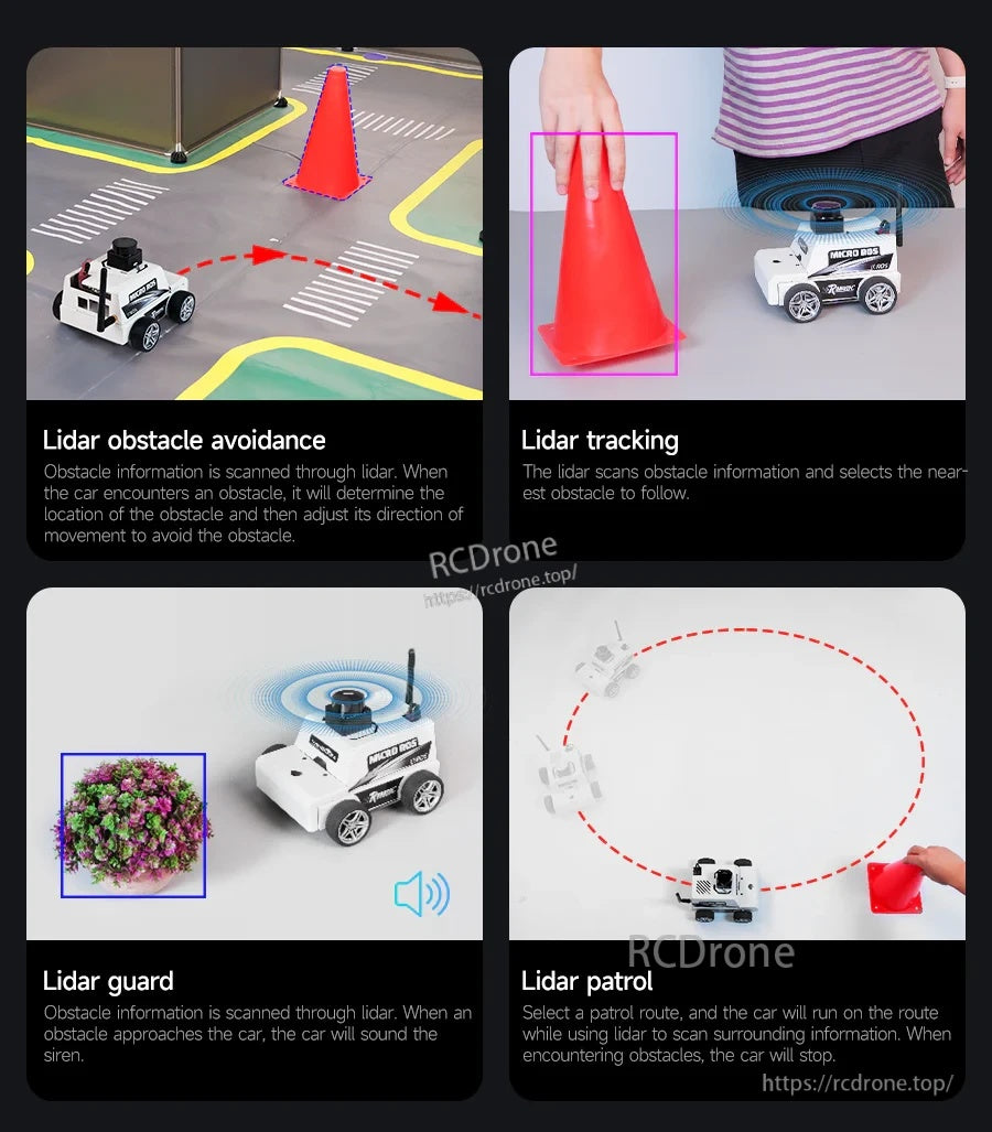 TOF lidar feature demos: obstacle avoidance, tracking, guard alarm, and patrol route behavior for the robot car