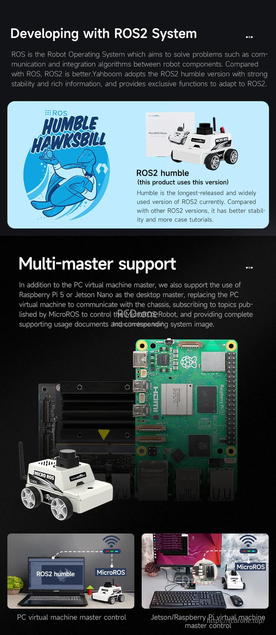 ROS 2 Humble development and multi‑master support with PC virtual machine, Raspberry Pi, or Jetson masters