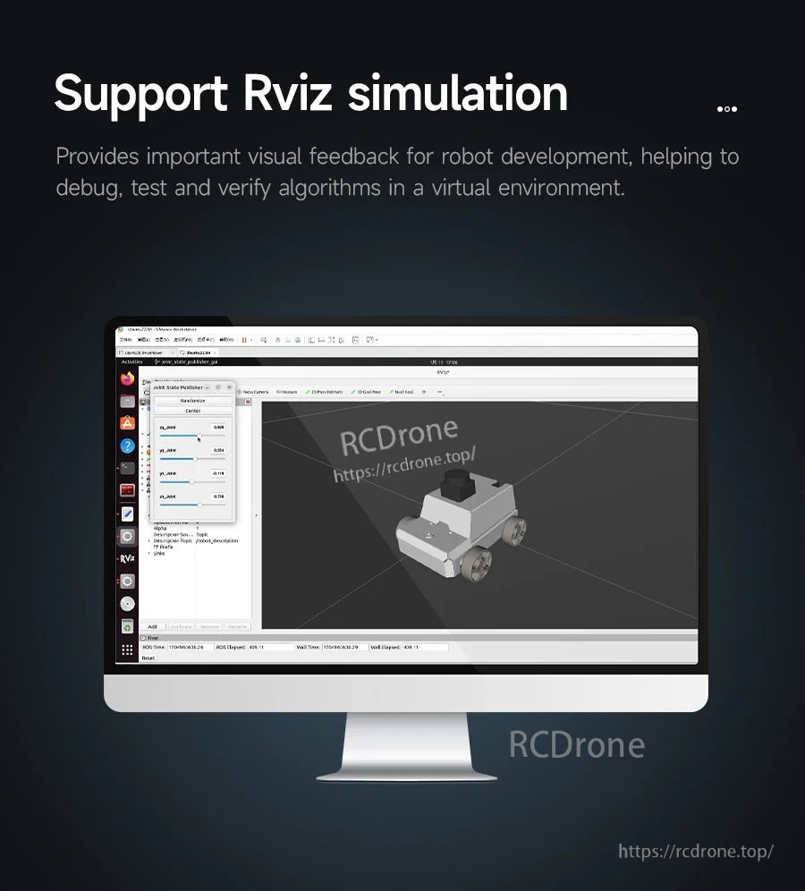 RViz simulation screen for debugging and visualizing the robot model and ROS 2 data in a virtual environment