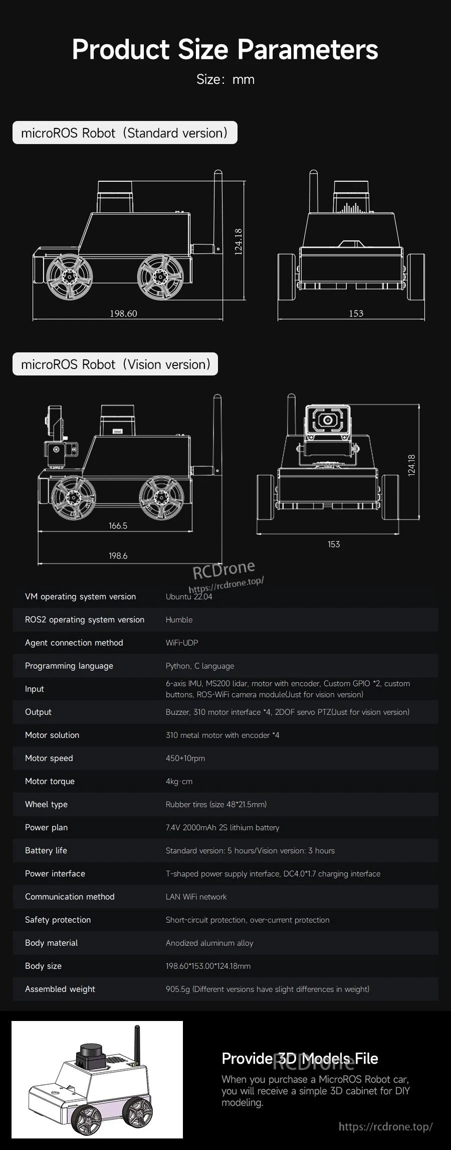 Product size parameters and dimensional drawings for standard and vision versions of the MicroROS robot chassis