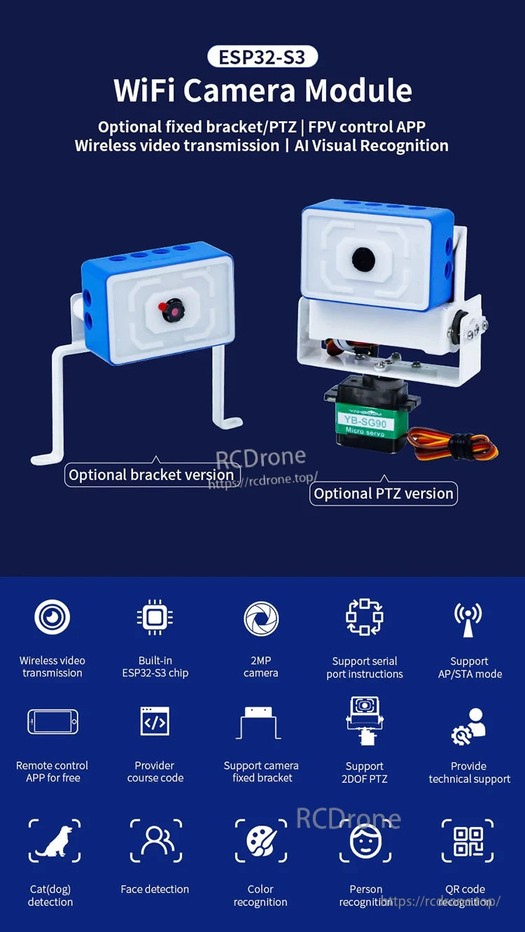 ESP32-S3 WiFi Camera module in ABS case, with optional fixed bracket and optional 2DOF PTZ pan-tilt