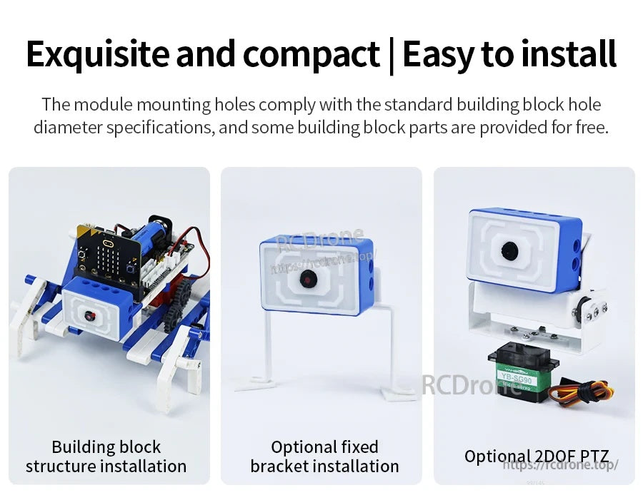 Installation options collage: building block structure, optional fixed bracket mount, and optional 2DOF PTZ mount