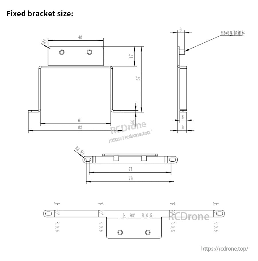 Dimensioned drawing of a fixed mounting bracket for an ESP32-S3 WiFi camera, with hole placement and overall sizes.