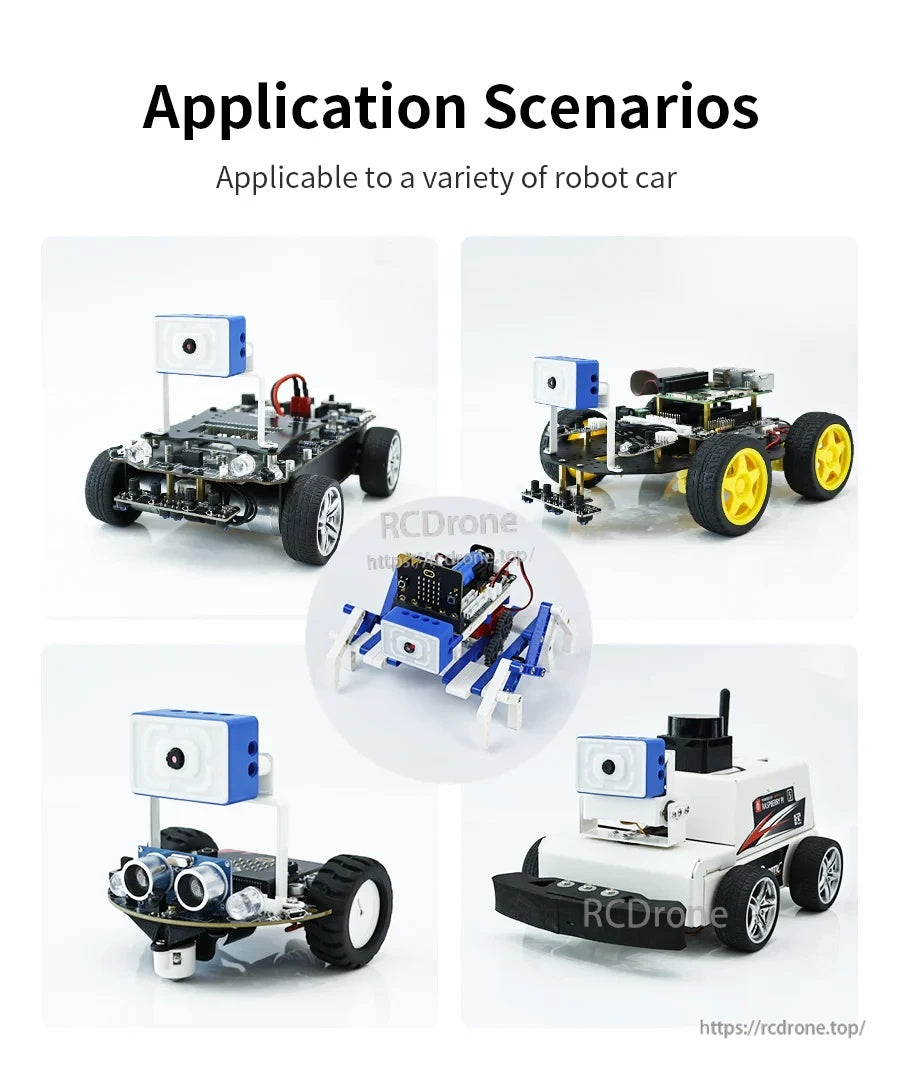 Compact cube-style WiFi camera module mounted on multiple robot car chassis for DIY robotics projects