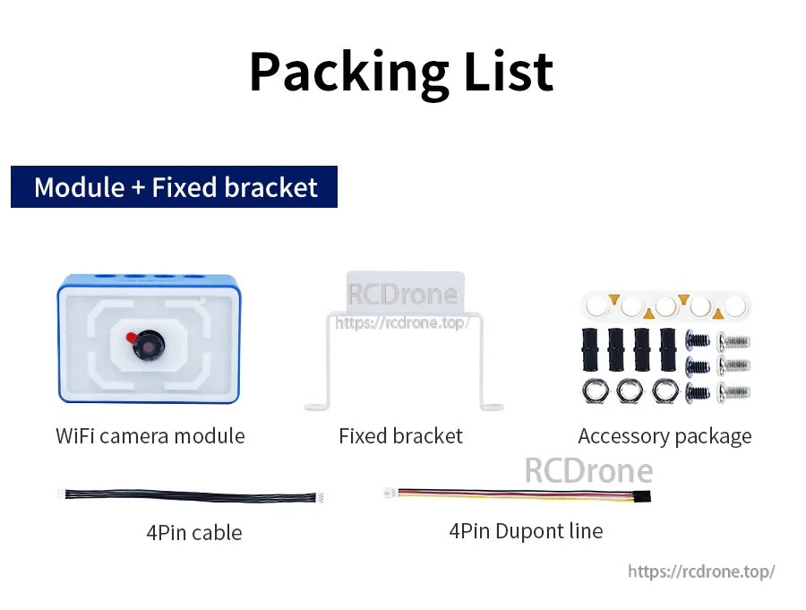 Packing list for ESP32-S3 WiFi camera module kit with fixed bracket, 4-pin cable, Dupont line, and screws