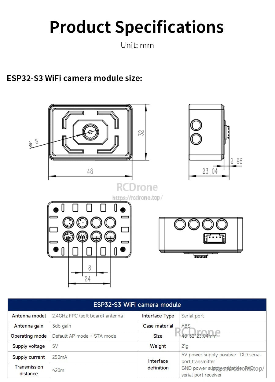 ESP32-S3 WiFi camera module specifications with 48×32×23 mm dimensions and serial port pinout