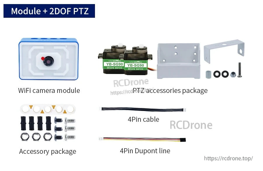 ESP32-S3 WiFi camera module kit with 2DOF PTZ bracket, two SG90 micro servos, mounting hardware, and 4-pin cables