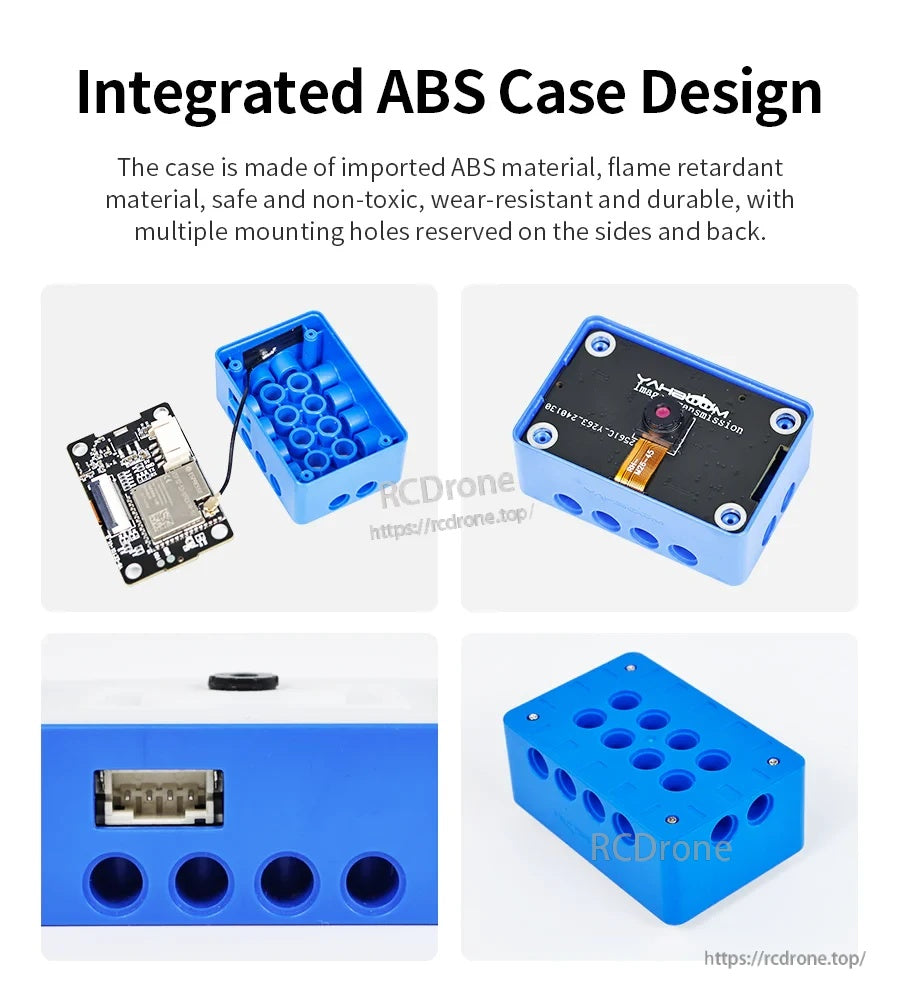 ABS case design collage showing PCB, enclosure, mounting holes, and side port openings