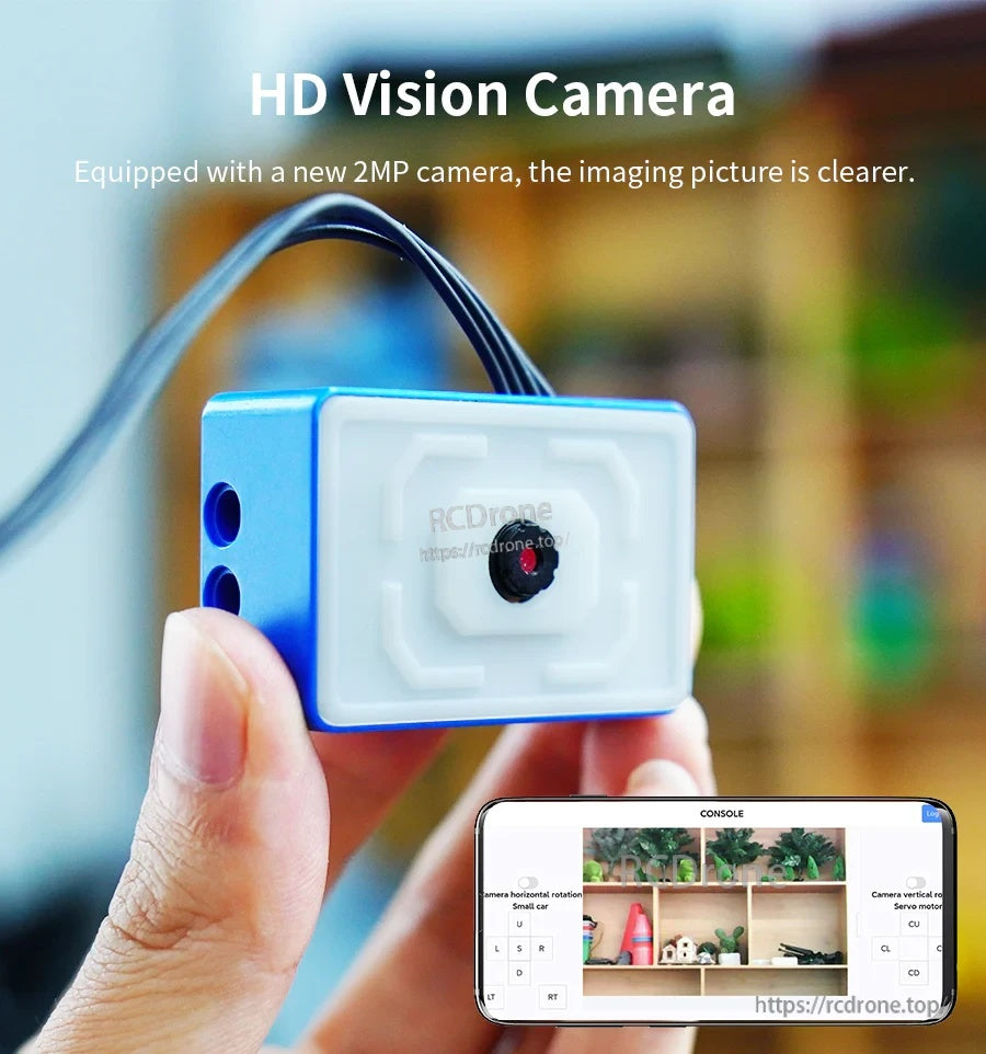 close-up showing 2MP lens in blue-and-white enclosure with mobile preview screen