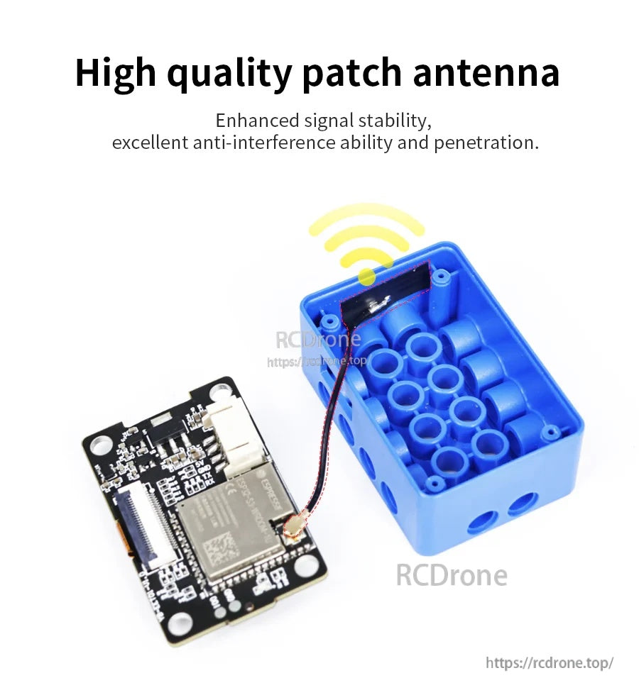 Internal high-quality patch antenna inside blue ABS case, connected to the camera control PCB