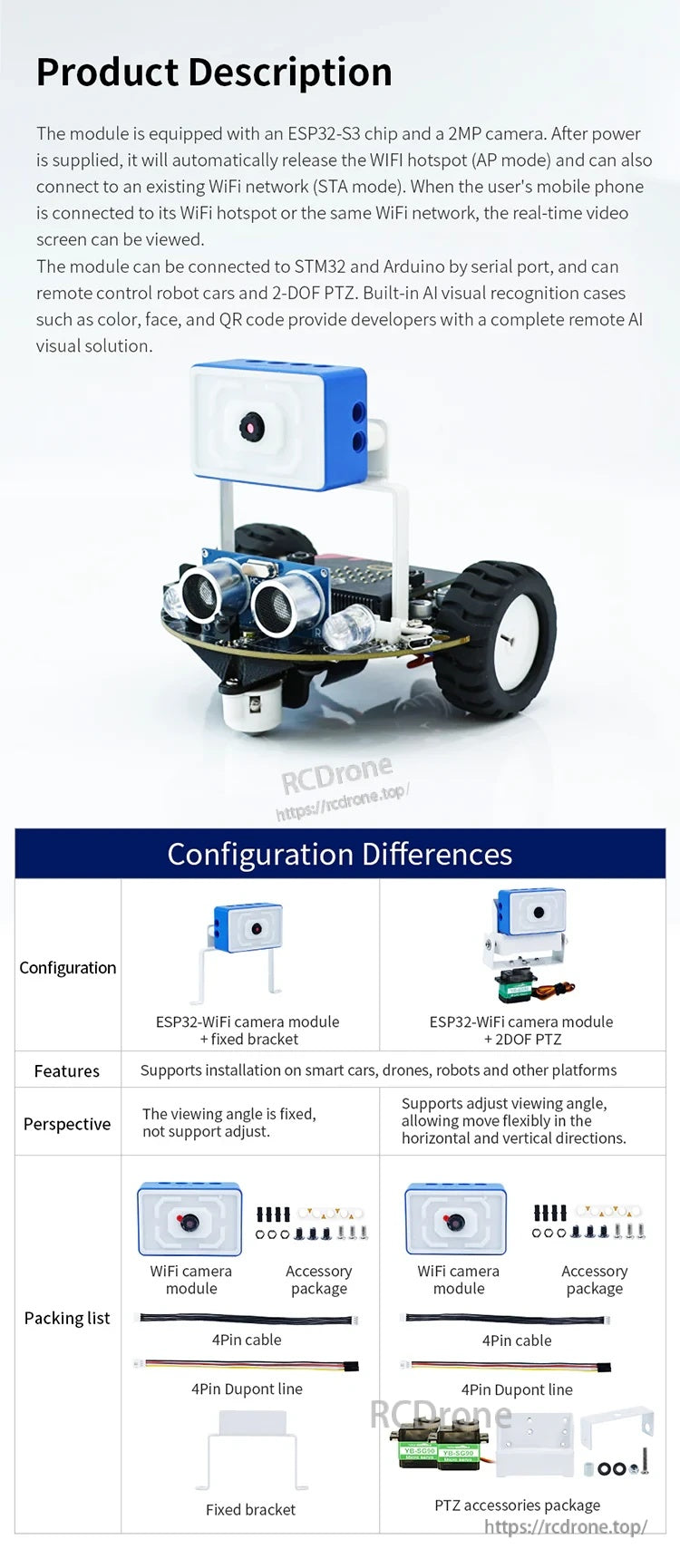 ESP32-S3 camera module installed on a small robot car; configuration differences for fixed bracket vs 2DOF PTZ