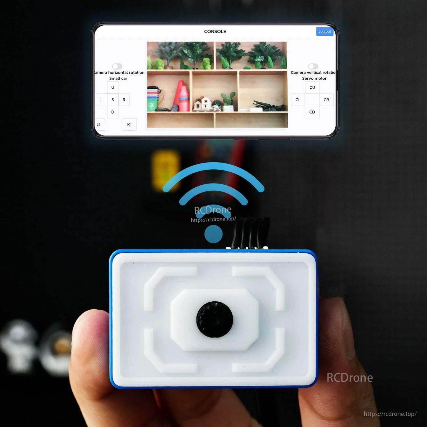 Camera module held in hand with WiFi icon and web console interface screenshot for pan/tilt control