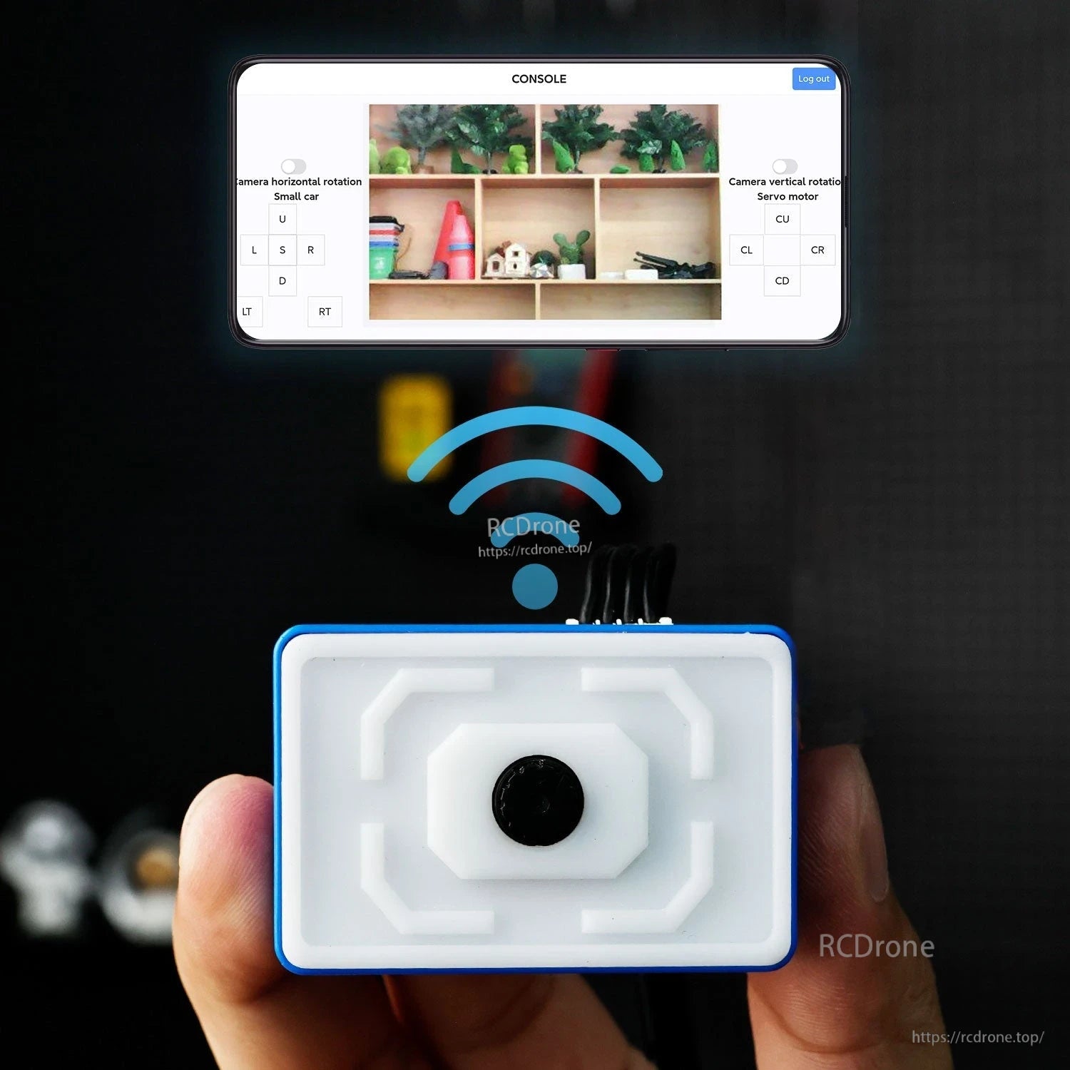 Camera module held in hand with WiFi icon and web console interface screenshot for pan/tilt control