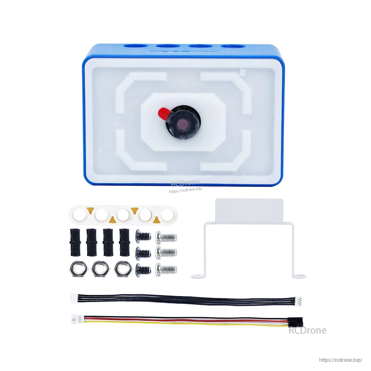Package contents: camera module, mounting bracket, screws, nuts, spacers, and 4-wire cable