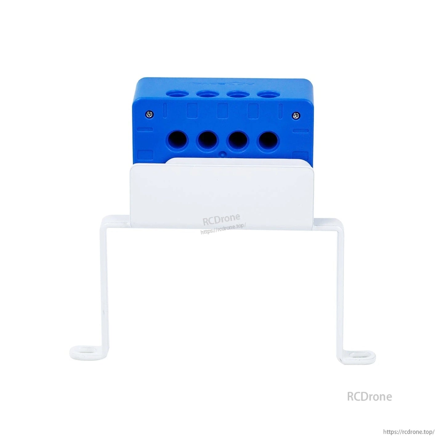Rear view of camera module on white stand showing back panel with multiple round mounting holes