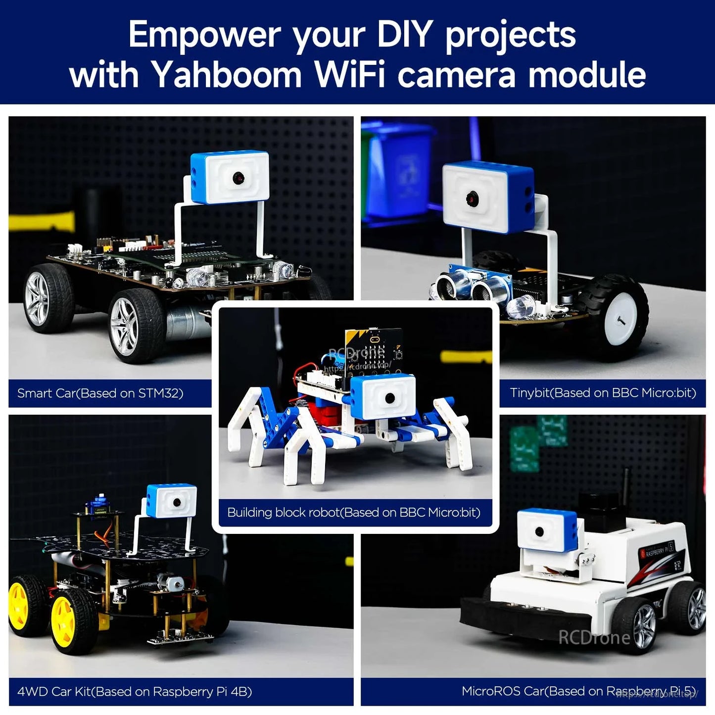 DIY project examples using a WiFi camera module on smart car, micro:bit builds, and Raspberry Pi robot platforms