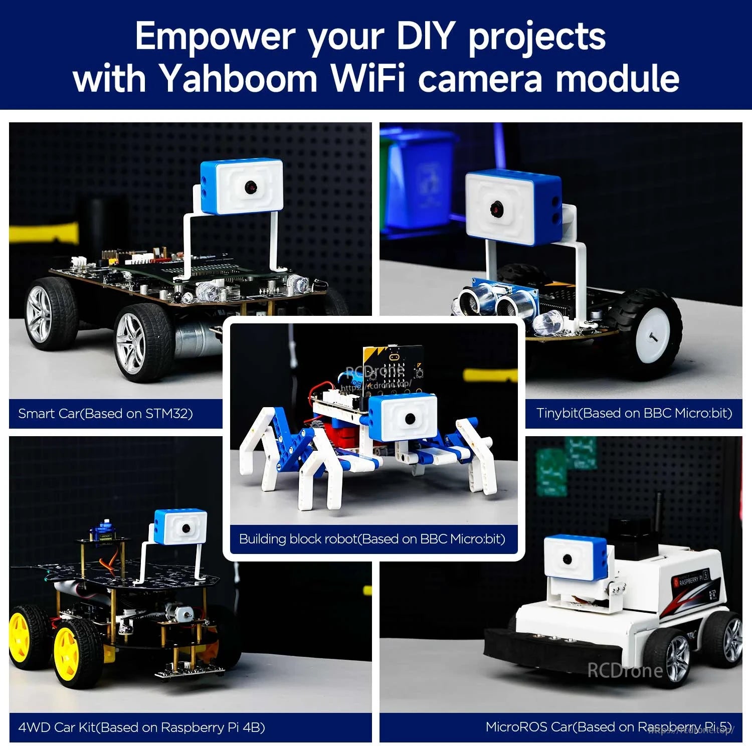 DIY project examples using a WiFi camera module on smart car, micro:bit builds, and Raspberry Pi robot platforms