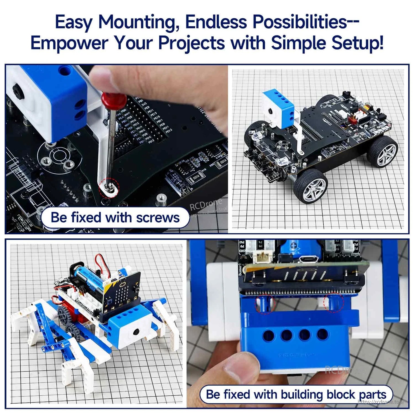 Mounting options collage: screw mounting to board, building block attachment, and robot car installation views