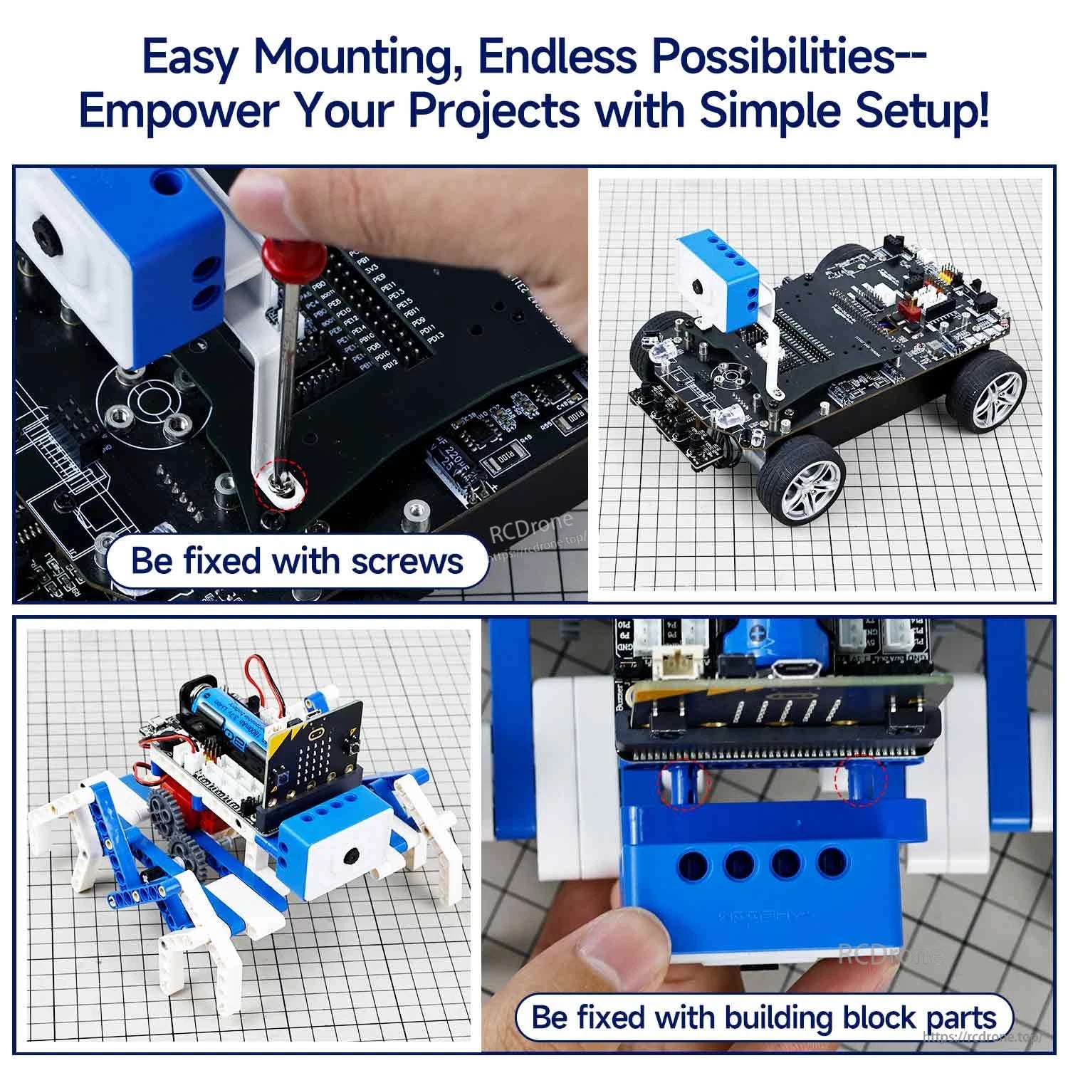 Mounting options collage: screw mounting to board, building block attachment, and robot car installation views