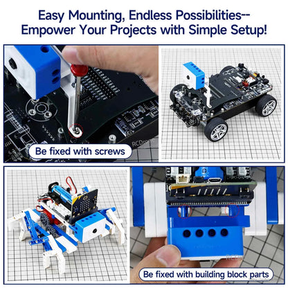 Mounting options collage: screw mounting to board, building block attachment, and robot car installation views