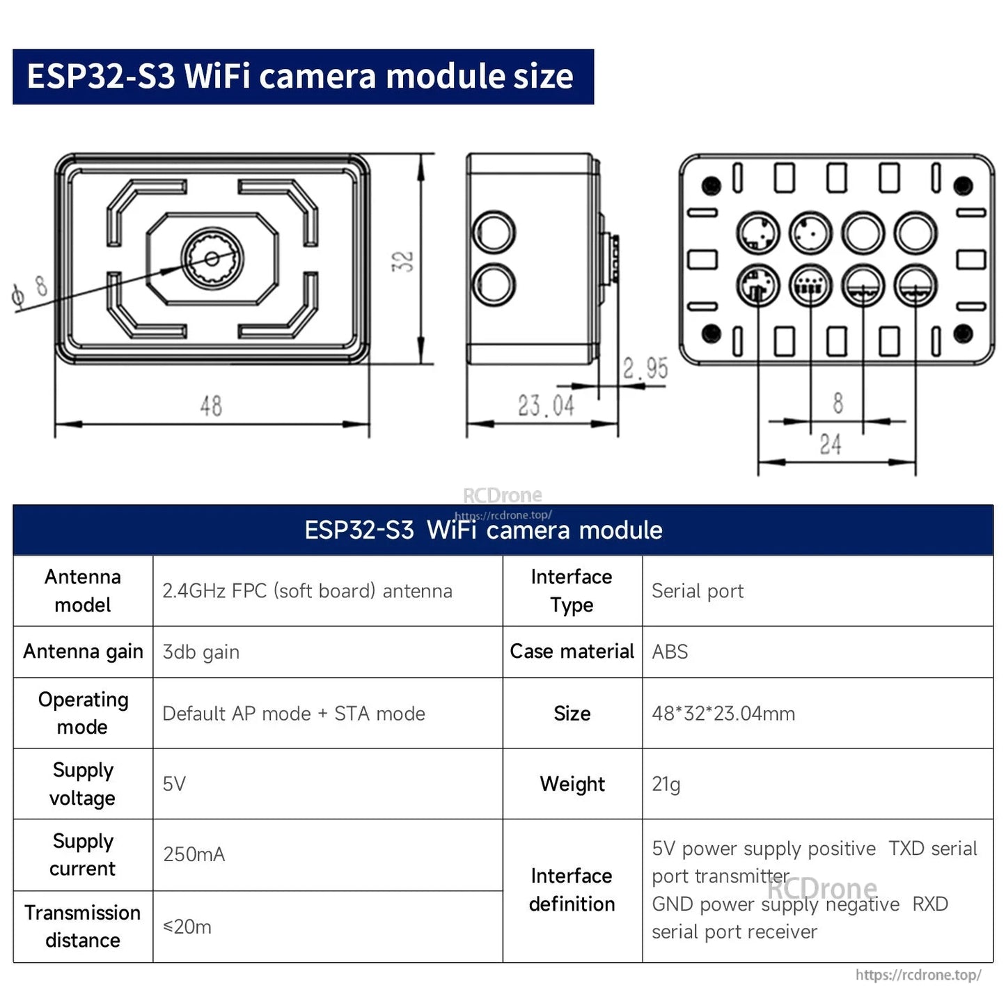 ESP32-S3 WiFi camera module size diagram with dimensions and spec table for antenna, voltage, current, and interfaces