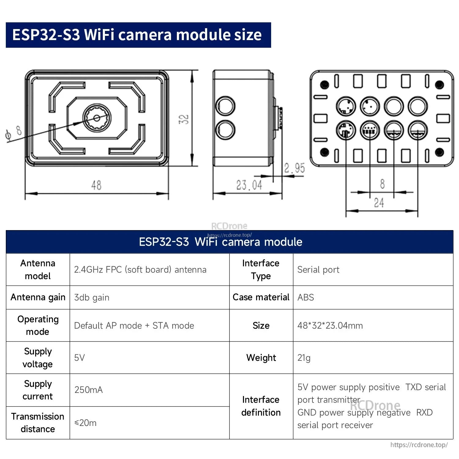 ESP32-S3 WiFi camera module size diagram with dimensions and spec table for antenna, voltage, current, and interfaces
