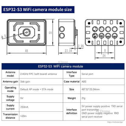 ESP32-S3 WiFi camera module size diagram with dimensions and spec table for antenna, voltage, current, and interfaces