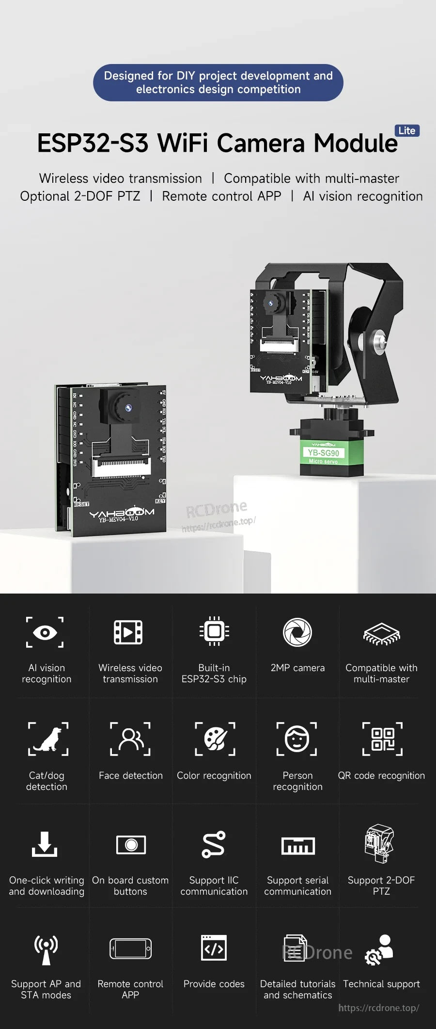 Yahboom ESP32-S3 WiFi Camera module with 2MP camera, optional 2‑DOF PTZ mount, and AI vision features overview