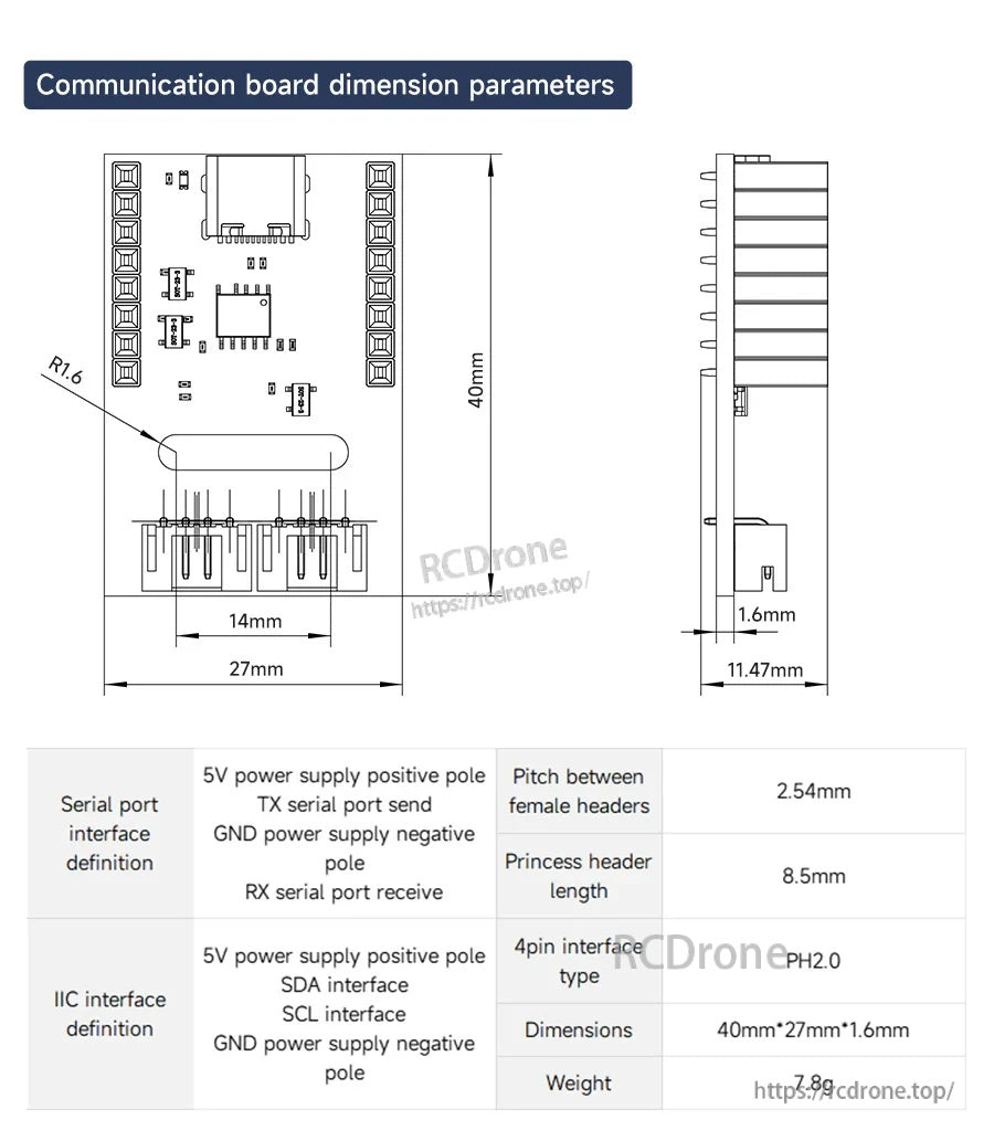 Dimension diagram for Yahboom ESP32-S3 WiFi camera communication board, 40×27 mm with 1.6 mm thickness and pin labels