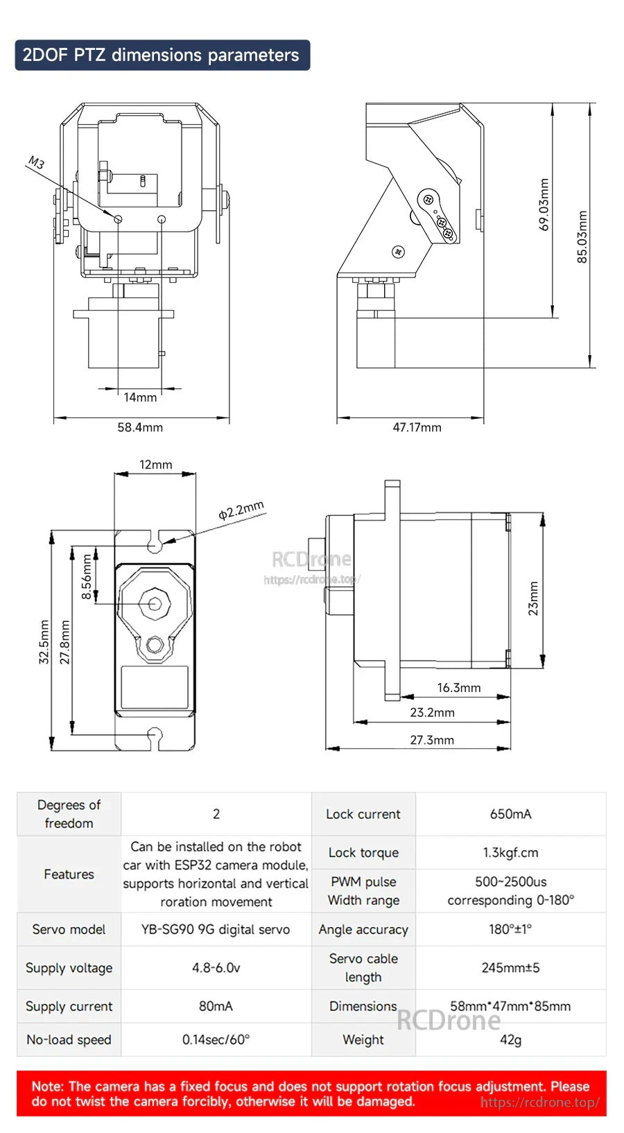 2DOF PTZ mount dimension diagram with key measurements and servo specs for a Yahboom ESP32-S3 WiFi camera setup