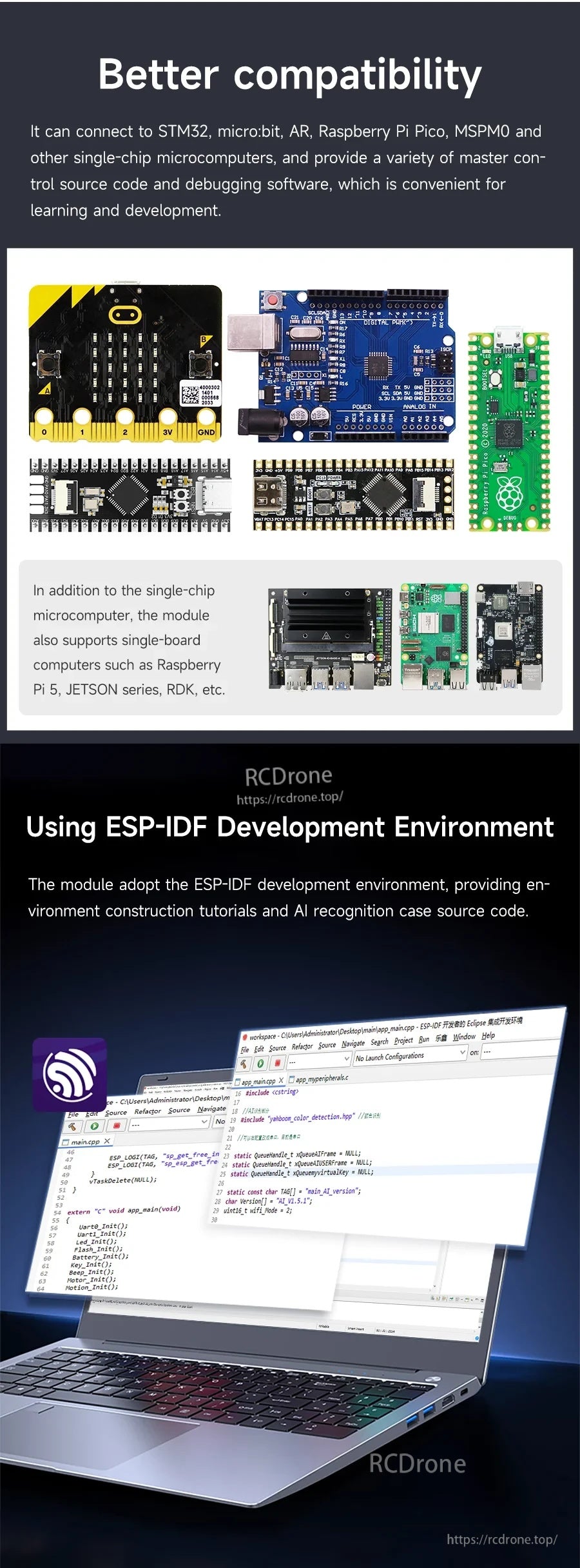 Compatibility graphic showing support for multiple MCUs (STM32, micro:bit, Arduino, Raspberry Pi Pico, MSPM0) and ESP-IDF development