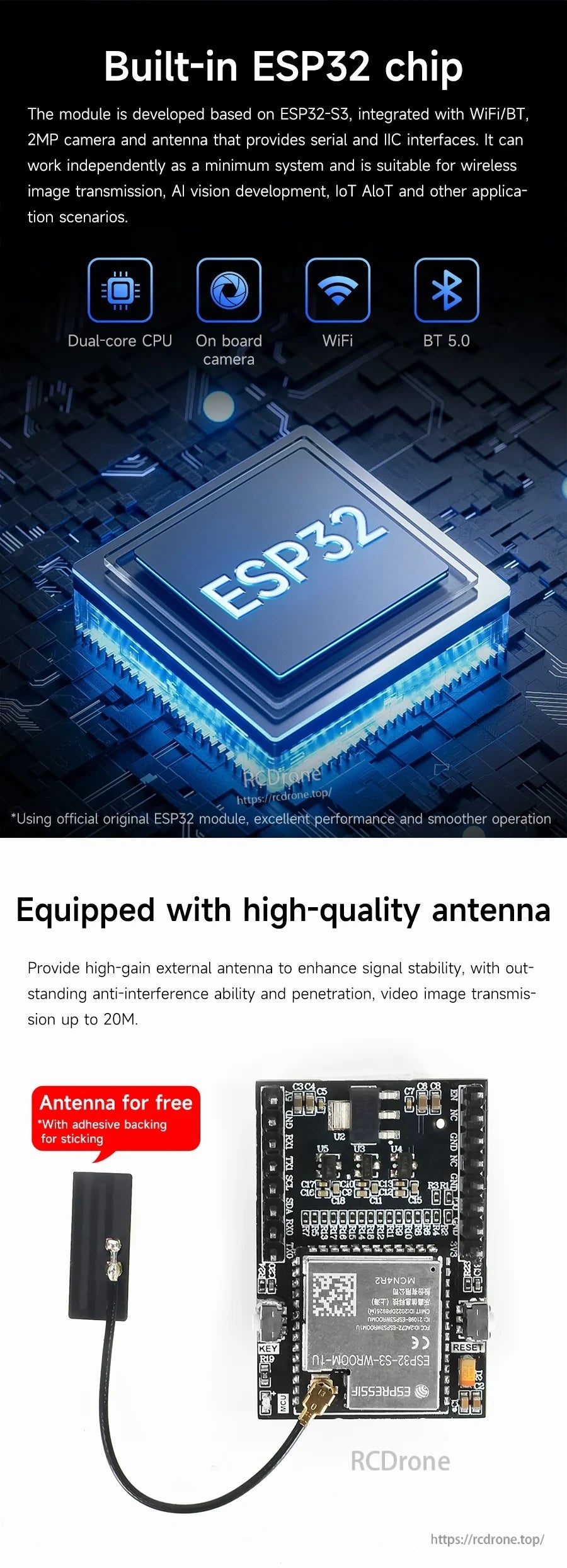 Built-in ESP32 chip and external antenna support for the Yahboom ESP32-S3 WiFi Camera module with 2MP sensor