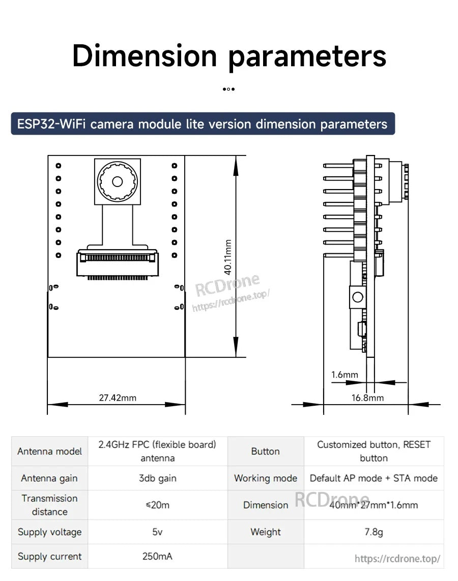 Dimension chart for Yahboom ESP32-S3 WiFi camera module, 40.11 mm tall, 27.42 mm wide, 16.8 mm thick.